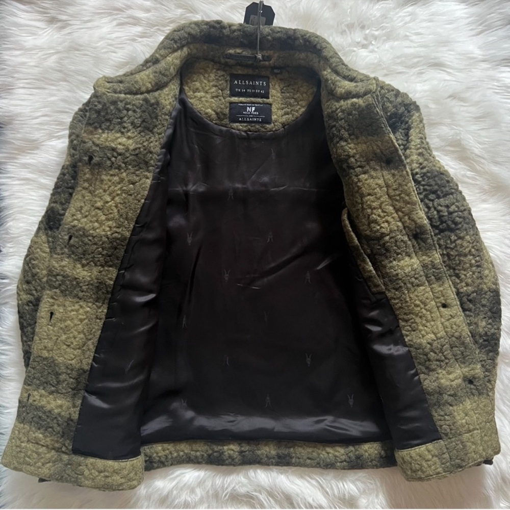 New!  ALL SAINTS Rosey Check Khaki Green Plaid Wool Blend Overshirt Jacket - Picture 8 of 10